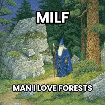 Волшебник в лесу с надписью «MILF — Man I Love Forests» — «Человек, я люблю леса»
