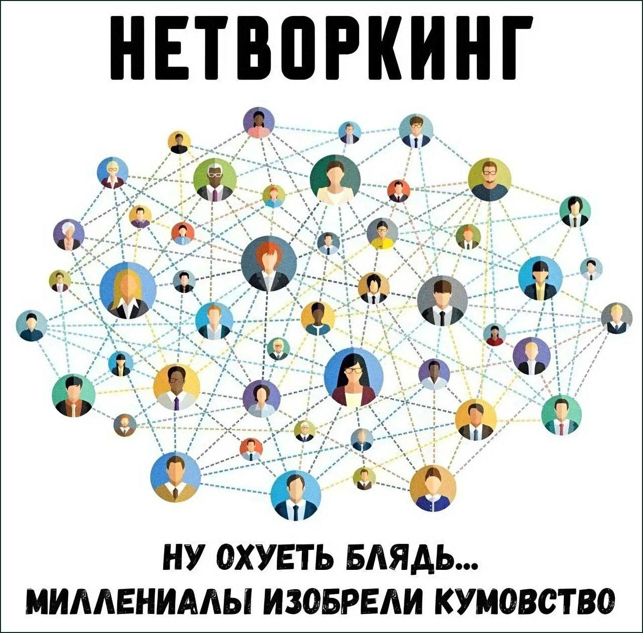 Схема нетворкинга с множеством связанных людей и подписью о том, что миллениалы изобрели кумовство.