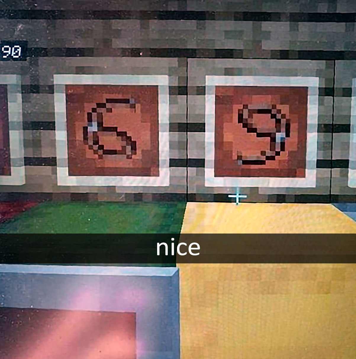 Minecraft 69 nice Мем с цифрами 6 и 9 в Minecraft и словом «nice» на чёрной плашке Snapchat.