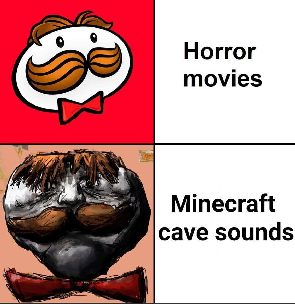 Pringles и звуки пещер Minecraft Мем про ужасные звуки из пещер Minecraft и их влияние на игрока, показывающий спокойное лицо Pringles для фильмов ужасов и искаженное для звуков пещер.