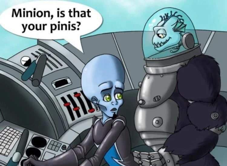 Minion, is that your pinis? Мегамозг и Прислужник на космическом корабле, где Мегамозг удивленно спрашивает: "Minion, is that your pinis?"