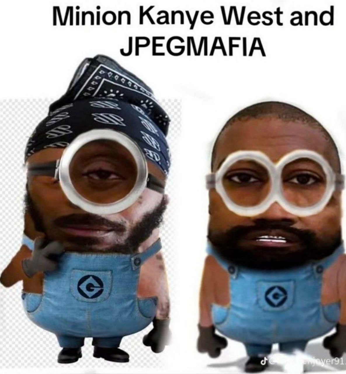 Миньон Канье Уэст и JPEGMAFIA Два миньона, один из которых Канье Уэст, а другой — JPEGMAFIA, стоят в синих комбинезонах и смотрят прямо перед собой. На миньоне Канье Уэста черная бандана.