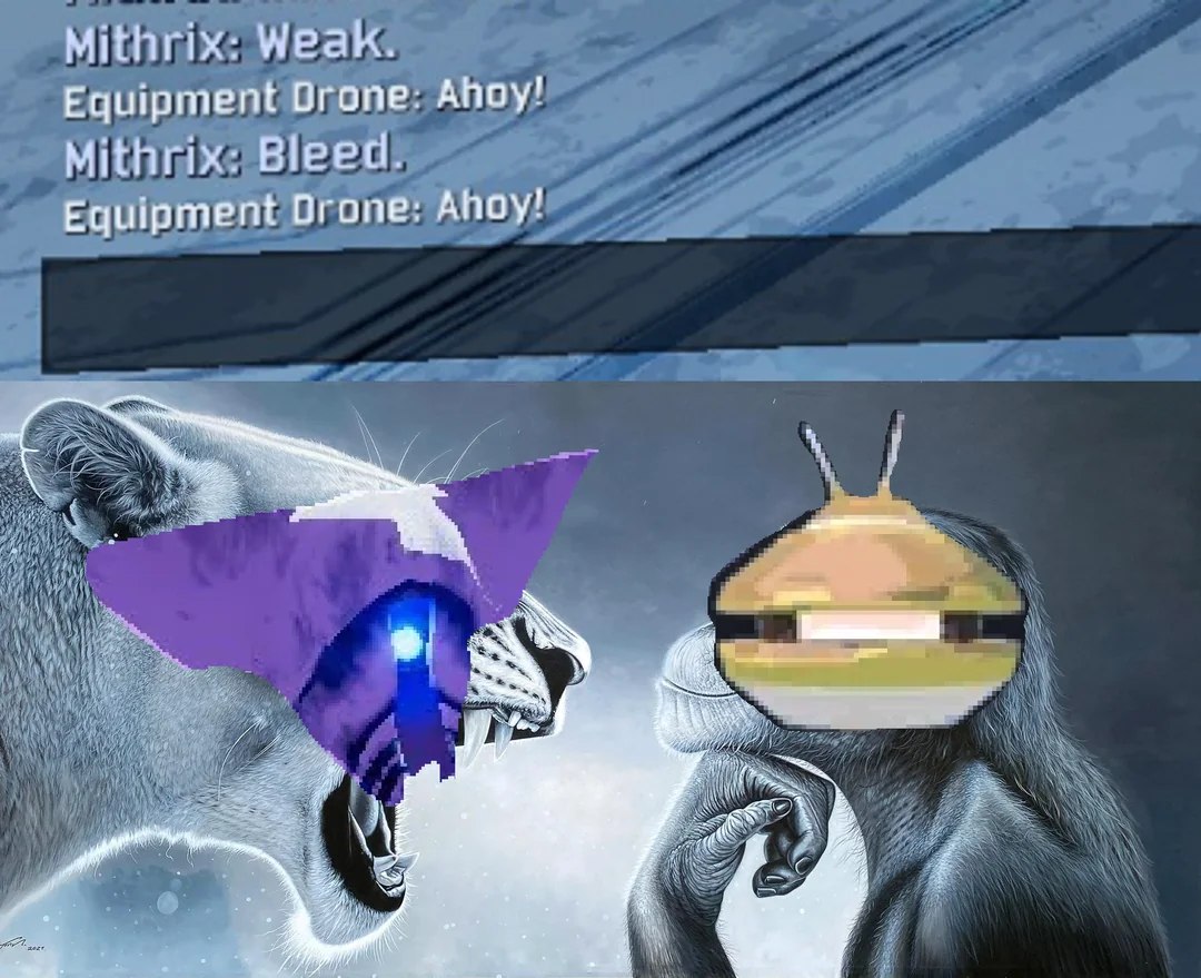 Mithrix: Weak. Equipment Drone: Ahoy! Миткрикс: Слабый. Дрон: Эгей!