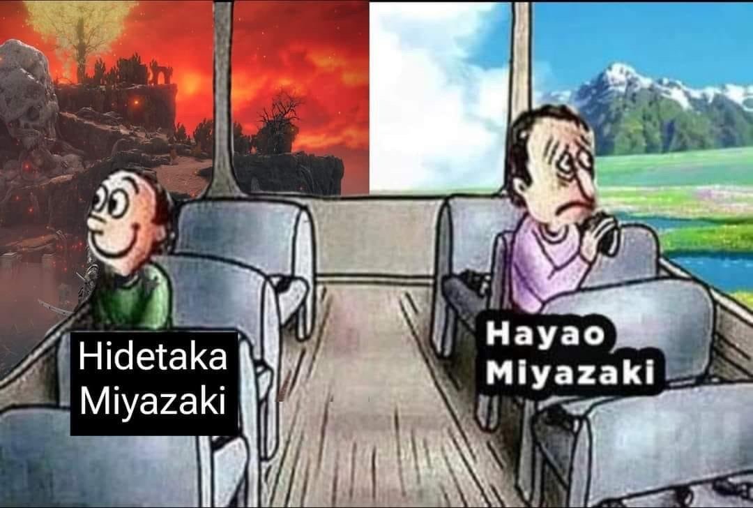 Миядзаки на автобусе Мем про двух Миядзаки в автобусе, один из которых доволен видом из окна в стиле Elden Ring, а другой грустит, глядя на мир в стиле Хаяо Миядзаки