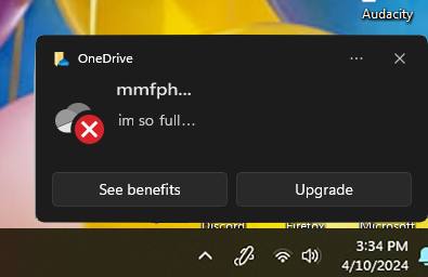 Всплывающее окно OneDrive с сообщением "mmfph... im so full..." и ошибкой облачного хранилища