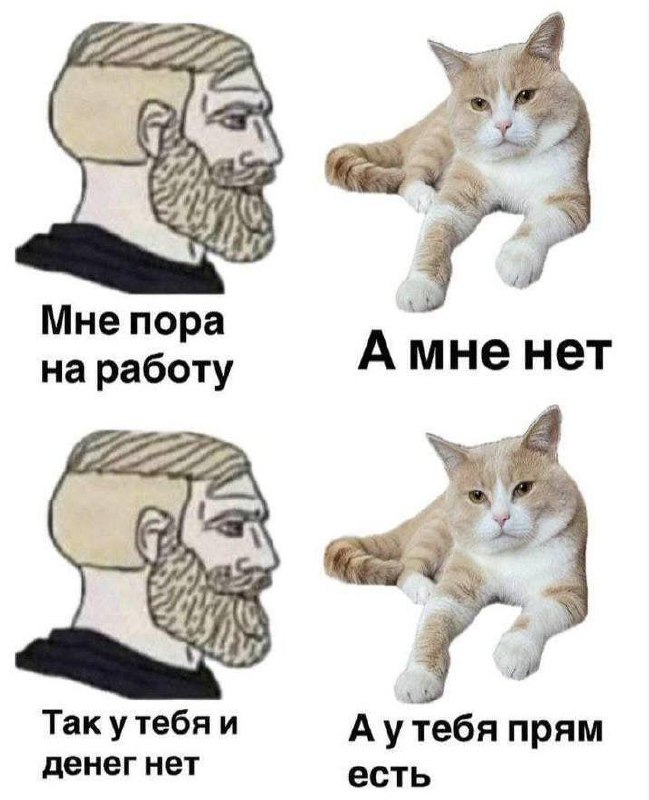 Мне пора на работу. А мне нет Мем с гигачадом и котом: «Мне пора на работу. А мне нет»