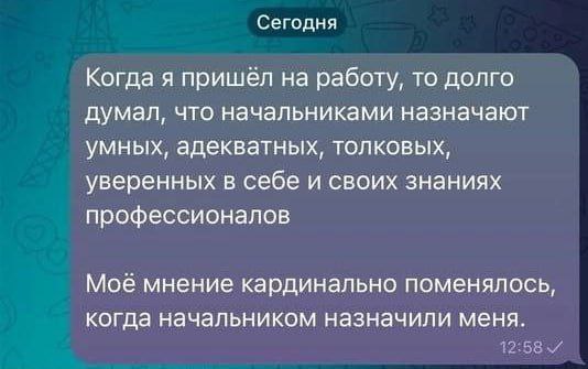 Мое мнение поменялось, когда начальником назначили меня Мем с текстом "Мое мнение кардинально поменялось, когда начальником назначили меня" в чате мессенджера