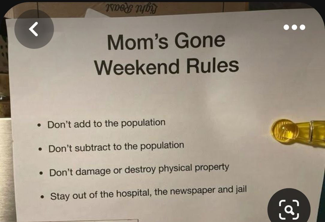 Mom's Gone Weekend Rules Правила выходного дня, пока мамы нет: «Не увеличивайте и не уменьшайте население», «Не повреждайте имущество», «Держитесь подальше от больницы, газет и тюрьмы».