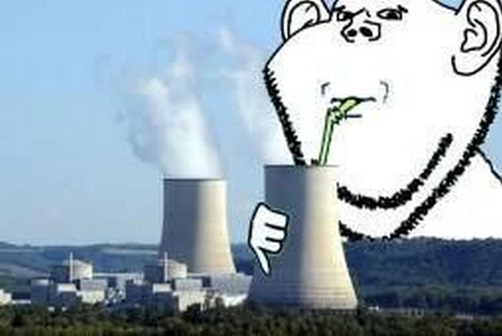 Обезьяна пьет из трубы атомной электростанции Мем с нарисованной обезьяной, которая пьет через трубочку из градирни атомной электростанции, а градирня показывает дизлайк.