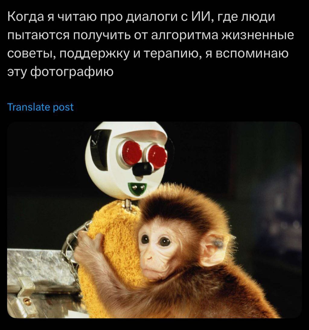 Обезьяна обнимает робота Обезьяна обнимает робота-куклу как "мать" в рамках эксперимента по привязанности