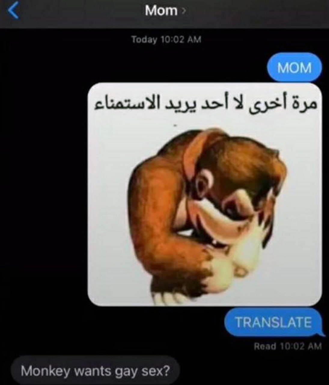 Monkey wants gay sex? Мем с перепиской, где мама отправляет грустного Донки Конга с арабской надписью, а телефон переводит ее как «Обезьяна хочет гей-секса?»