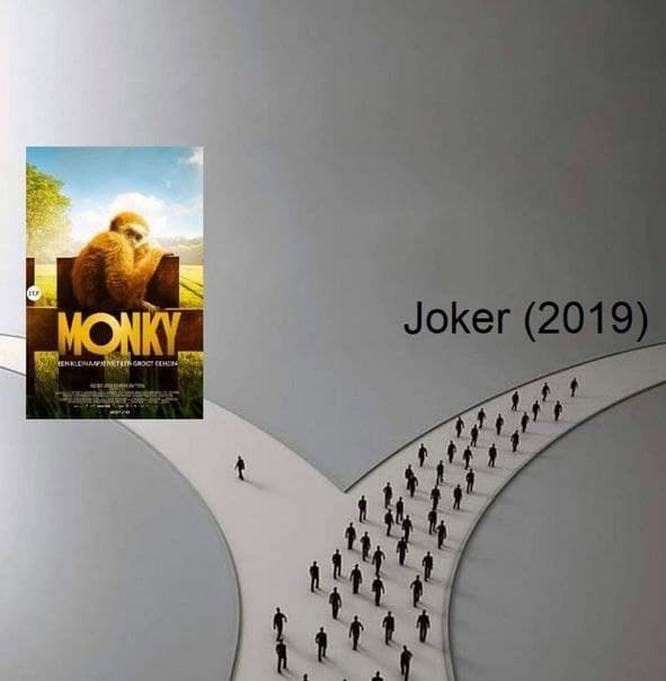 Monky Joker 2019 развилка Мем с развилкой дороги, где один человек идет к постеру «MONKY», а толпа — к тексту «Joker (2019)»