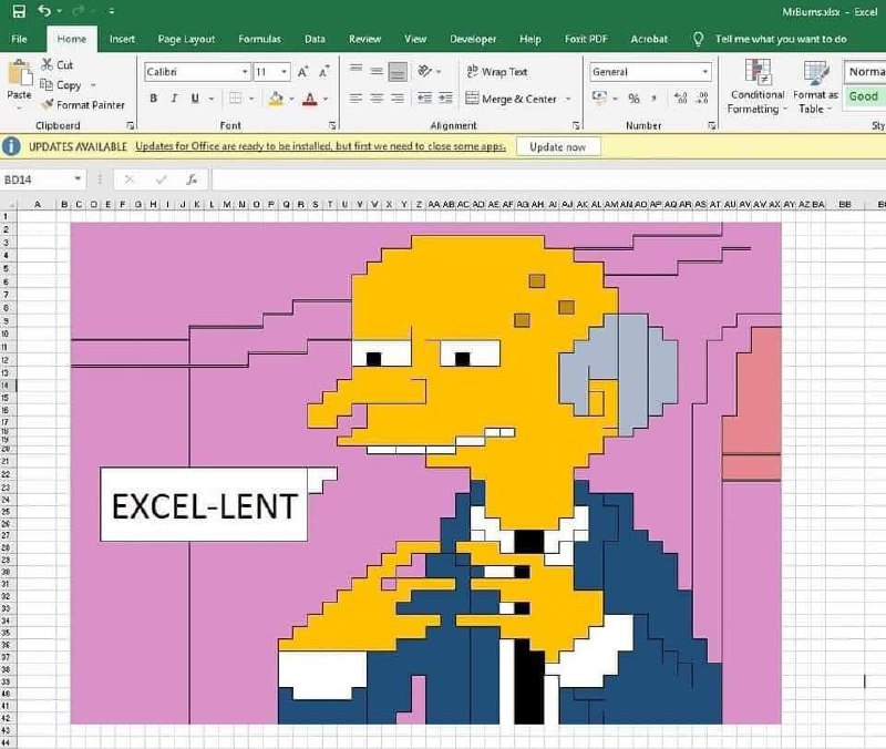 Монтгомери Бернс EXCEL-LENT Монтгомери Бернс из «Симпсонов» в пиксельной графике, созданный в Microsoft Excel, с текстовым облаком «EXCEL-LENT».
