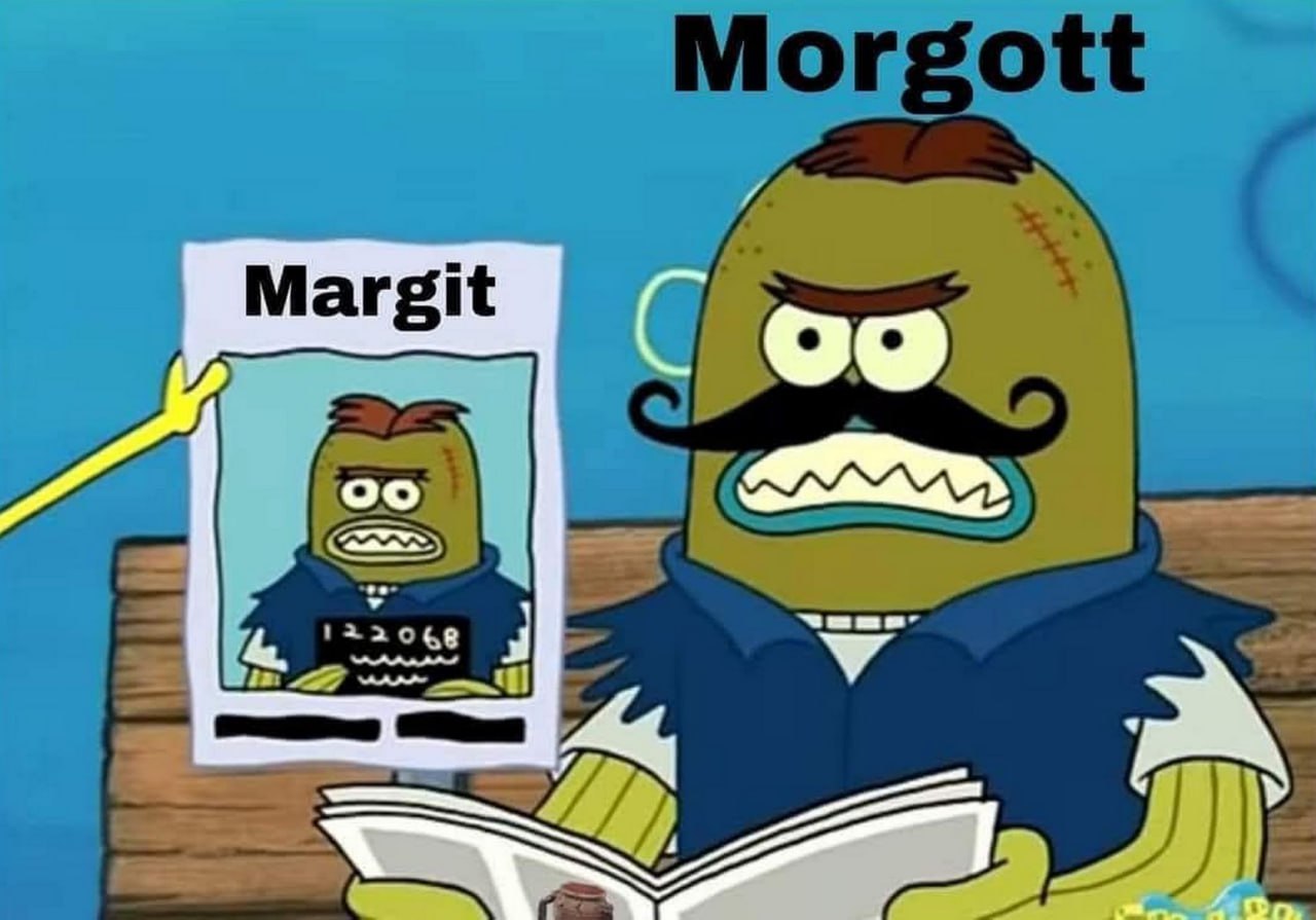 Morgott and Margit Мем про Морготта и Маргита из Elden Ring, где Сквидвард-полицейский смотрит на фоторобот своей младшей версии