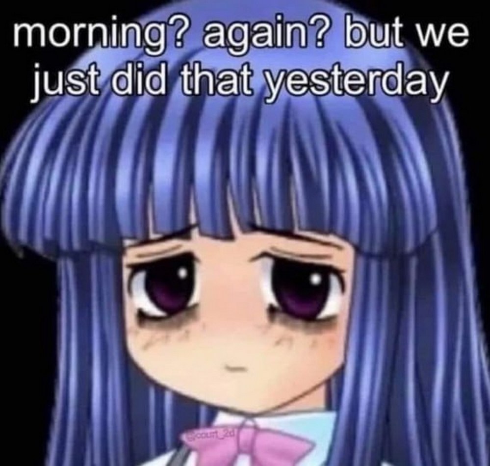 Morning? Again? But we just did that yesterday Мем с аниме-девушкой, которая жалуется на утро