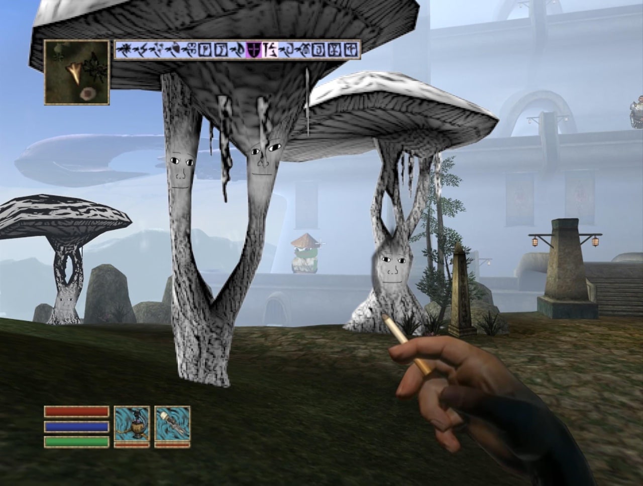 Morrowind грибы Вояк Мем со скриншотом из игры Morrowind, где грибы имеют лица Вояка, а игрок держит сигарету.