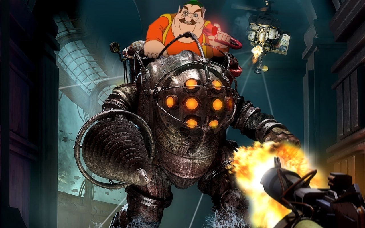 Морсу и Большой Папочка Морсу едет на Большом Папочке из игры BioShock и стреляет из огнемета.