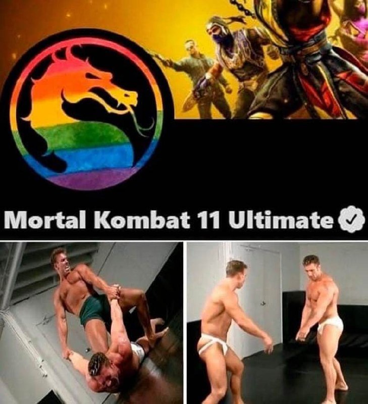 Mortal Kombat 11 Ultimate ЛГБТ Мем про Mortal Kombat 11 Ultimate с логотипом в цветах ЛГБТ-флага и скриншотами мужской борьбы