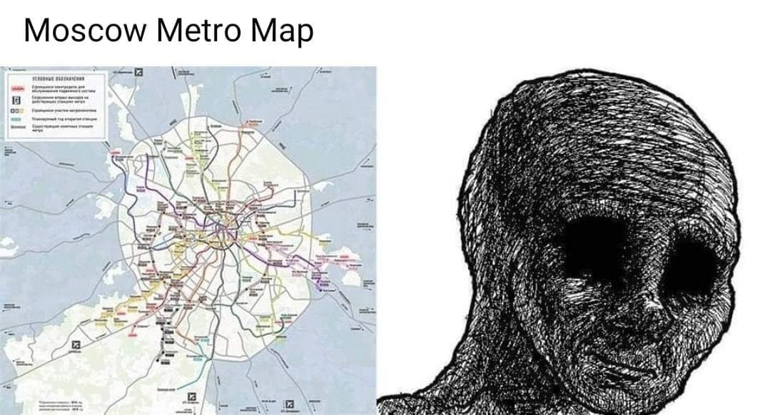 Карта Московского метро и Вояк Карта Московского метрополитена и лицо Вояка, выражающее усталость от ее сложности.