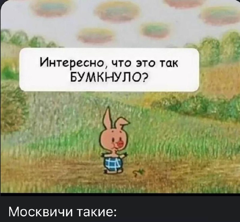 Маленький зайчонок из мультфильма удивлённо спрашивает: «Интересно, что это так БУМКНУЛО?», а подпись снизу говорит: «Москвичи такие:».