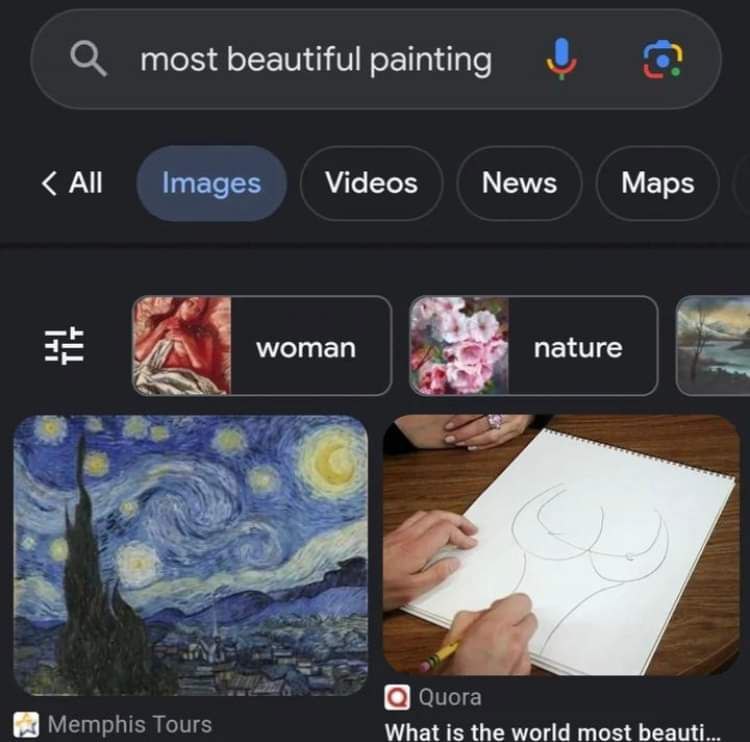 Самая красивая картина в поиске Google Скриншот поисковой выдачи Google по запросу «most beautiful painting», где в результатах отображаются «Звездная ночь» и рисунок обнаженной женской фигуры