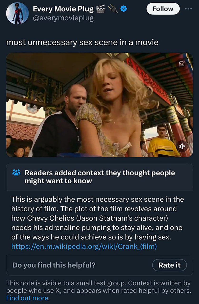 Most unnecessary sex scene in a movie Джейсон Стэйтем и Эми Смарт в сцене из фильма "Адреналин" на глазах у толпы.