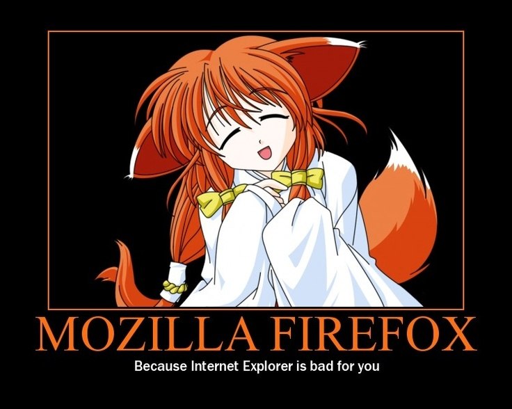 Аниме-девушка-лиса в постере Mozilla Firefox со слоганом о том, что Internet Explorer вреден для вас