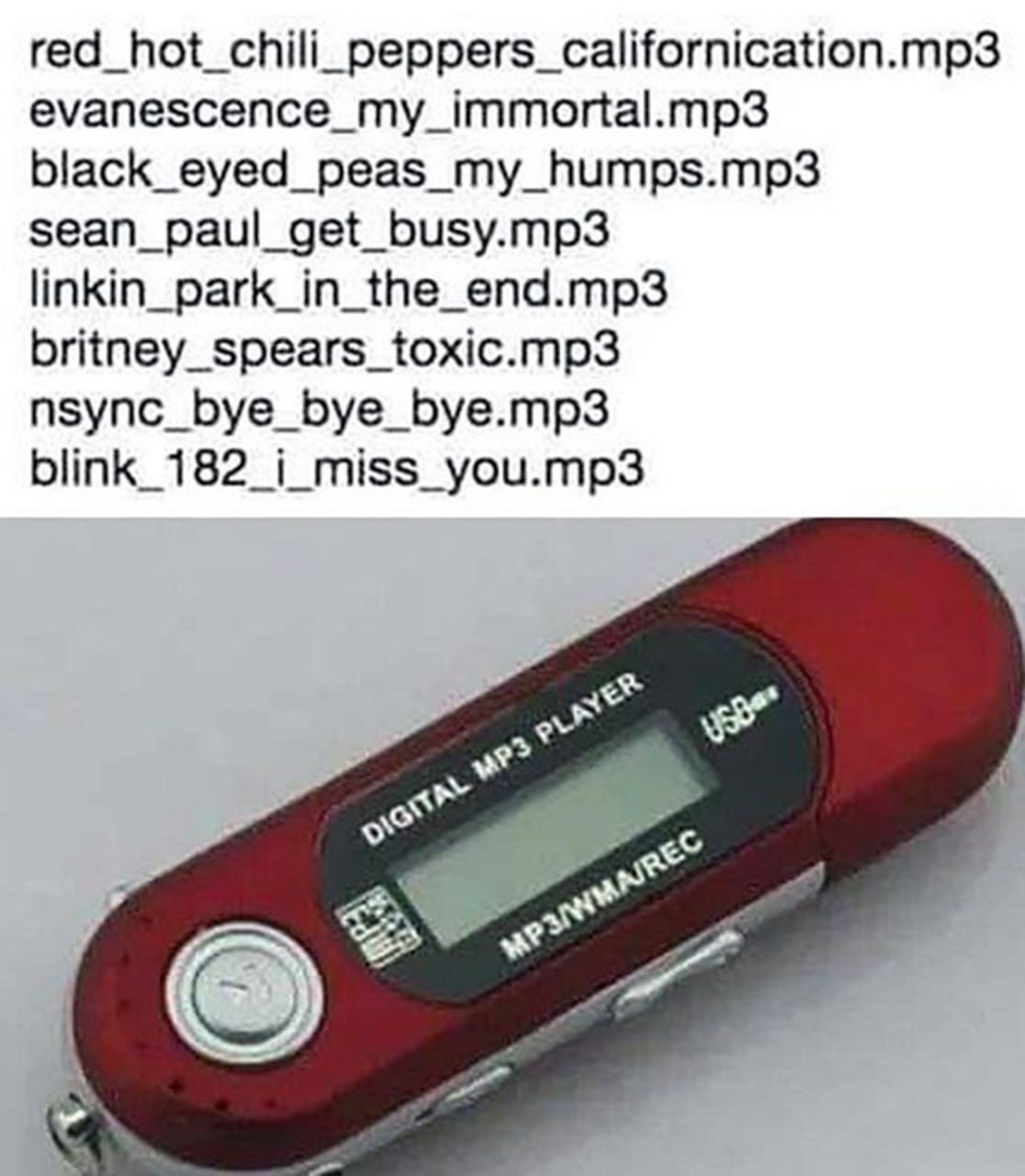 Mp3-плеер с песнями из 2000-х Мем с MP3-плеером и списком песен 2000-х годов