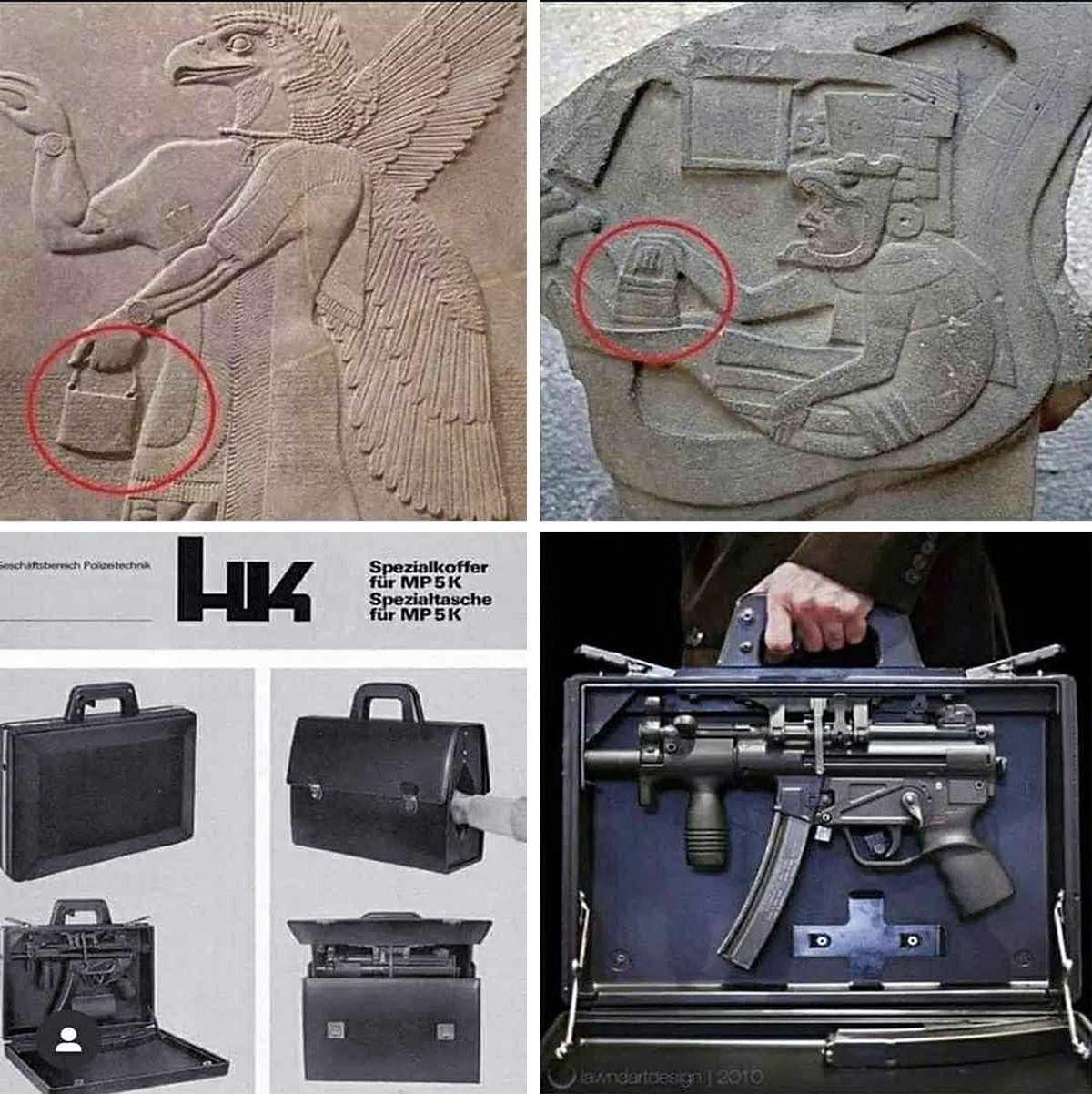 Кейс для MP 5K на древних рельефах Коллаж с изображениями ассирийского и майянского рельефов, где древние персонажи держат предметы, похожие на современные кейсы для оружия MP 5K.