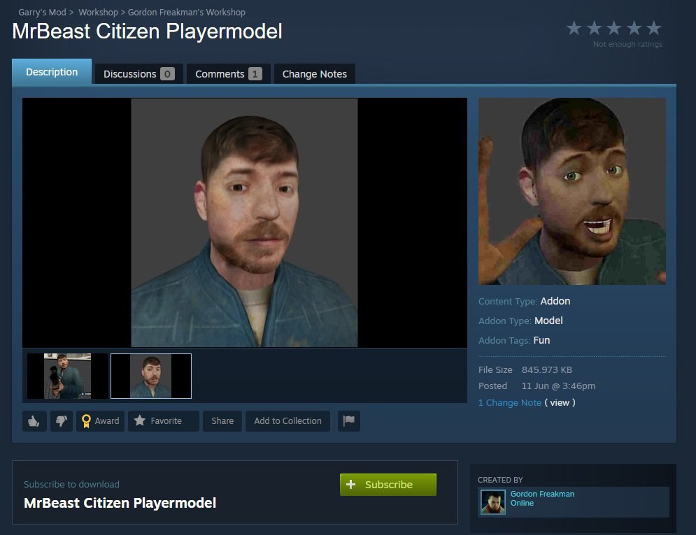 MrBeast Citizen Playermodel Страница мода Garry's Mod под названием MrBeast Citizen Playermodel с изображением 3D-модели лица Мистера Биста, сделанной в стиле Half-Life.