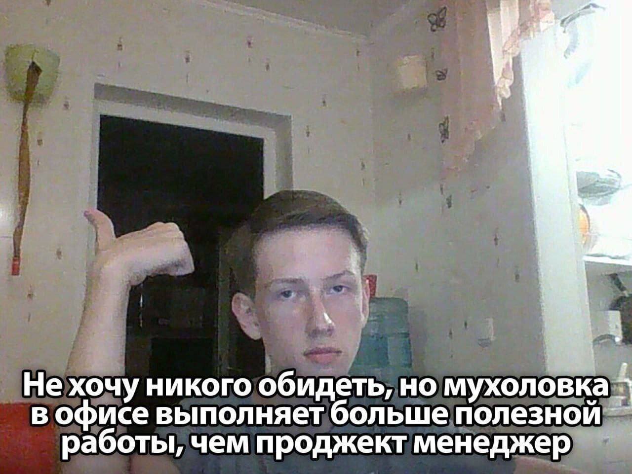Мухоловка полезнее проджект менеджера Мем с парнем, который показывает большой палец вверх, и текстом о том, что мухоловка в офисе выполняет больше полезной работы, чем проджект-менеджер.