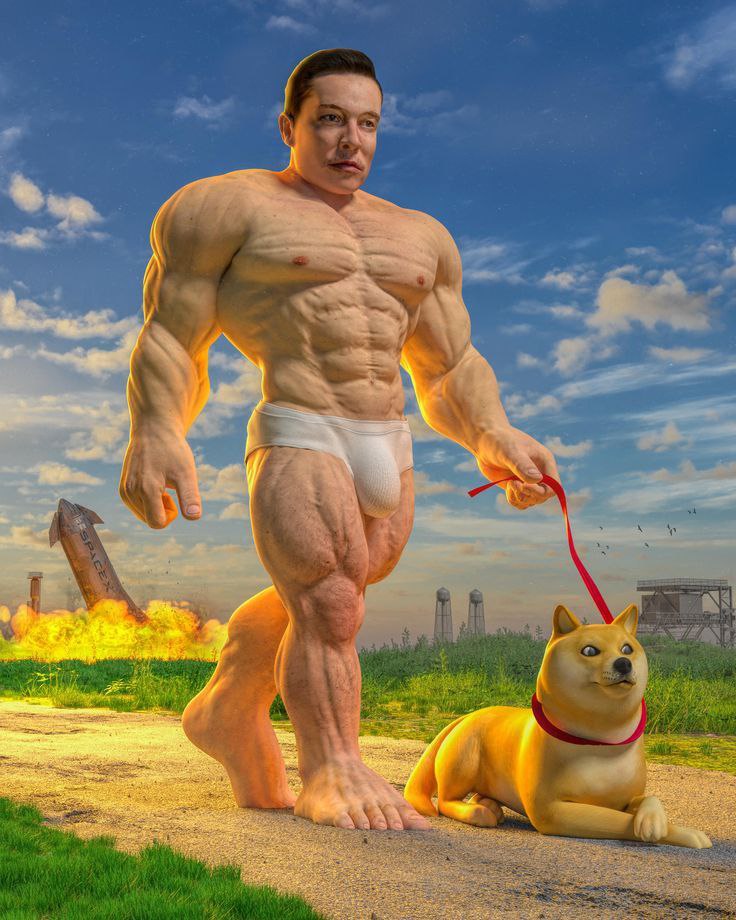 Качок Илон Маск с Doge Илон Маск в образе бодибилдера гуляет с Doge на фоне падающей ракеты SpaceX