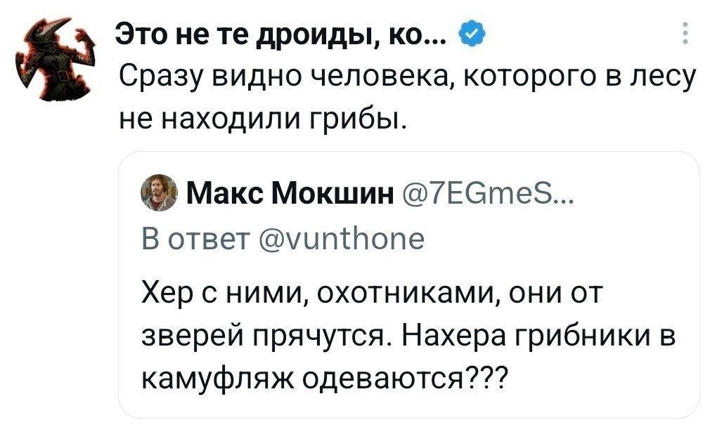 Шутка о грибниках в камуфляже, которых невозможно заметить в лесу, и охотниках, прячущихся от зверей.