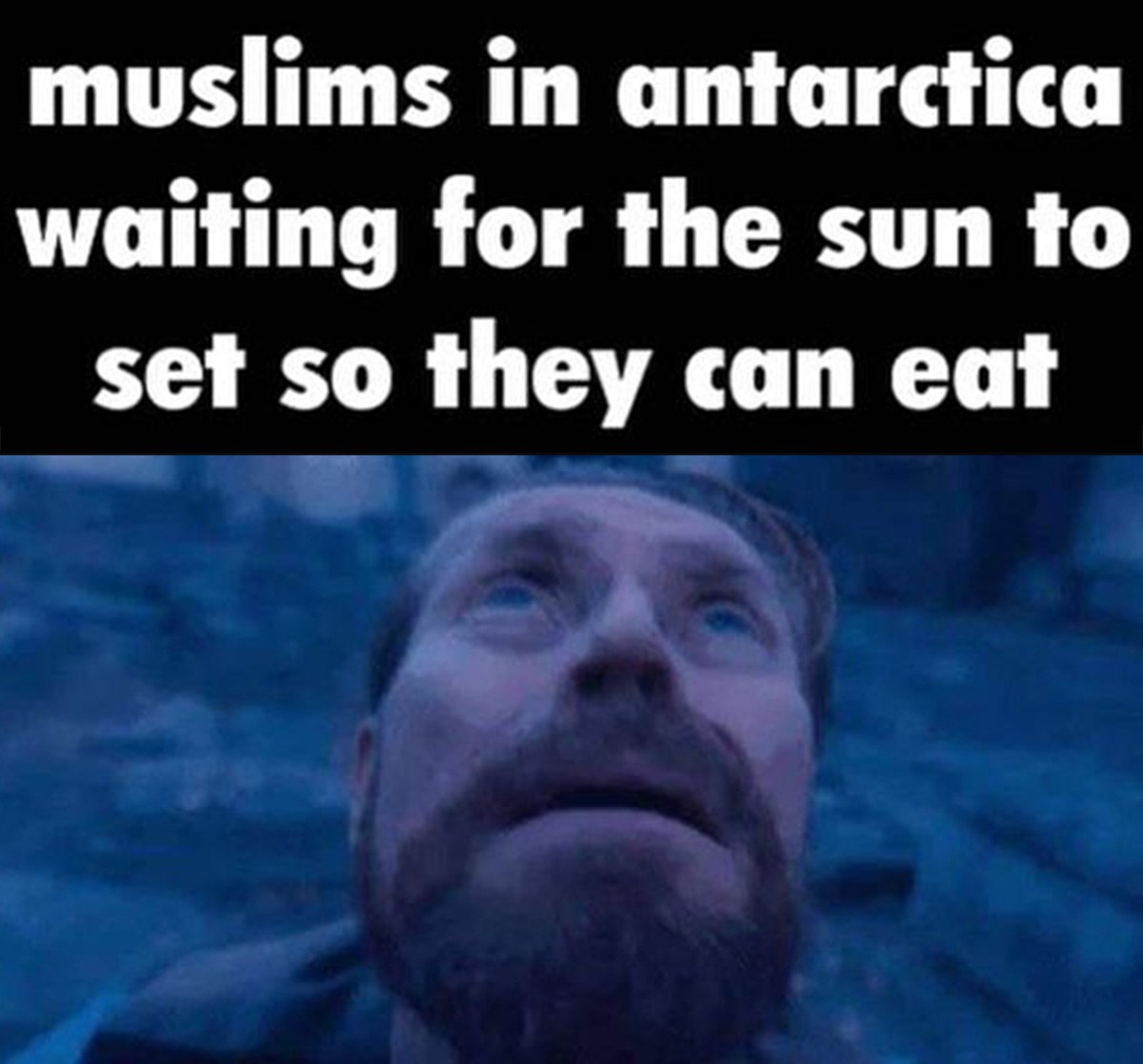 Muslims in Antarctica waiting for the sun to set Уиллем Дефо смотрит вверх, пока мусульмане в Антарктиде ждут захода солнца, чтобы поесть