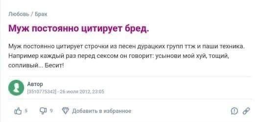 Муж постоянно цитирует бред Скриншот сообщения с женского форума, где девушка жалуется на мужа, который постоянно цитирует бред из песен.