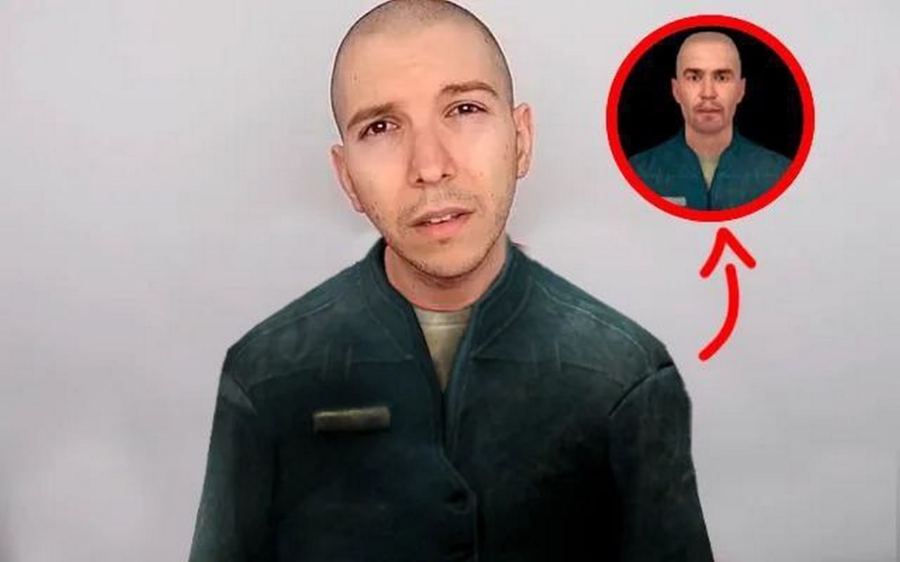 Мужчина из Half-Life 2 в реальной жизни Мужчина в зеленой куртке и кружок с его изображением в стиле Half-Life 2.