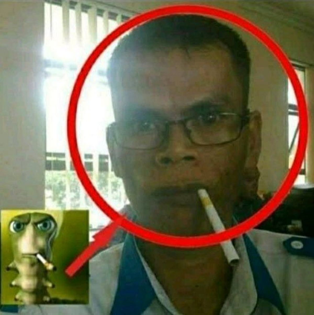 Мужчина похож на курящую гусеницу Мужчина с сигаретой, похожий на курящую гусеницу из мультфильма «Муравей Антц»