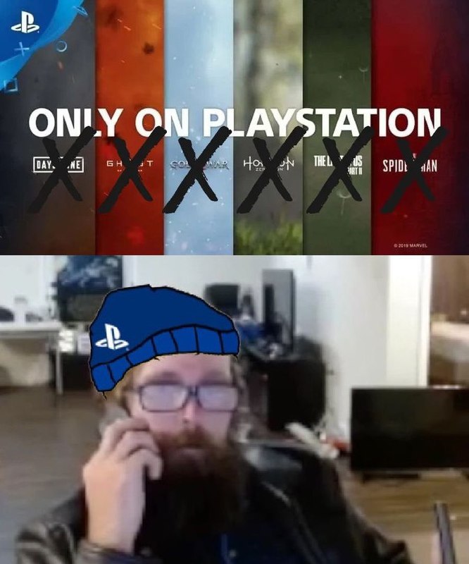 Мужчина в шапке PlayStation звонит по телефону Мужчина в шапке PlayStation с бородой разговаривает по телефону на фоне рекламного баннера с перечеркнутыми играми.