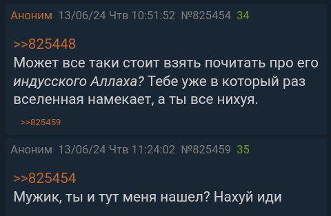 Мужик, ты и тут меня нашел? Переписка анонимов на имиджборде, где один аноним преследует другого, намекая ему на то, что ему нужно почитать про индийского Аллаха.