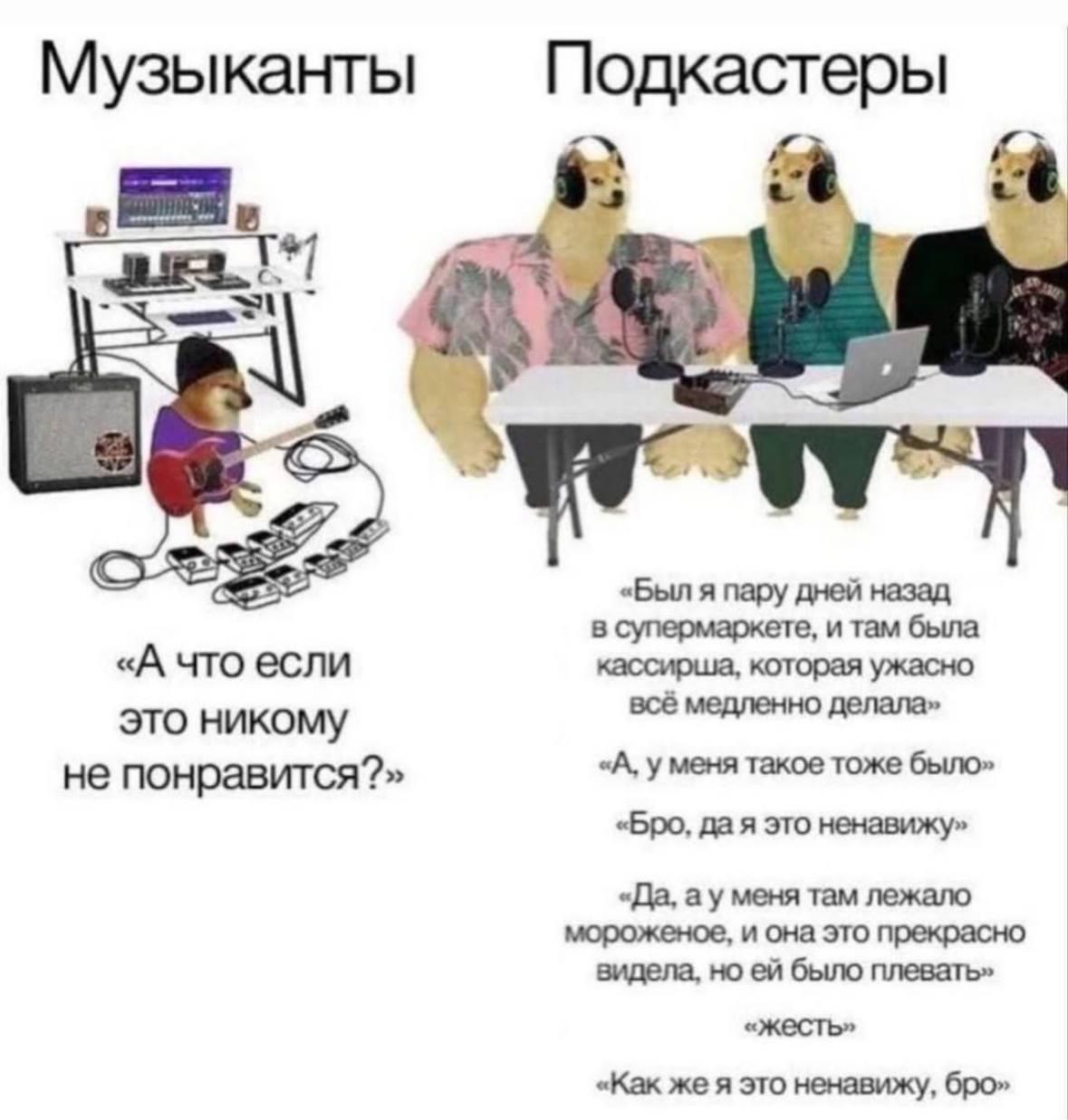 Музыканты и подкастеры Мем про музыкантов и подкастеров, сравнивающий их страхи и проблемы.