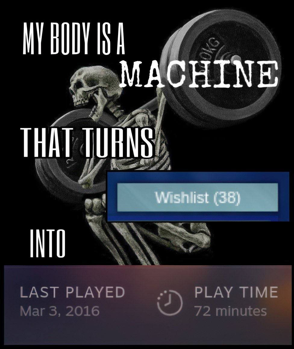 My body is a machine that turns into Wishlist Мем, где тело человека — это машина, которая превращается в список желаний и малое время игры