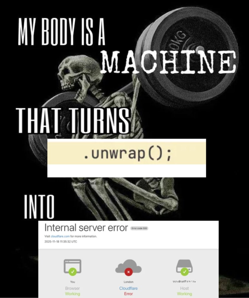 Скелет с штангой и подписью про .unwrap(), превращающийся в Internal server error 500.