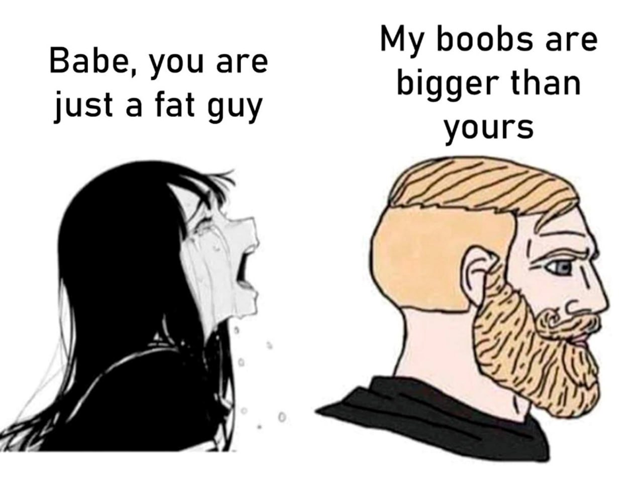 My boobs are bigger than yours Мужчина говорит «Мои сиськи больше твоих», а девушка плачет