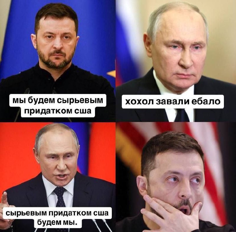 Мы будем сырьевым придатком США Мем с Владимиром Зеленским и Владимиром Путиным, где они спорят о том, кто будет сырьевым придатком США.