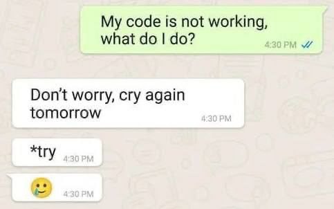 My code is not working, what do I do Переписка в WhatsApp про неработающий код и совет поплакать