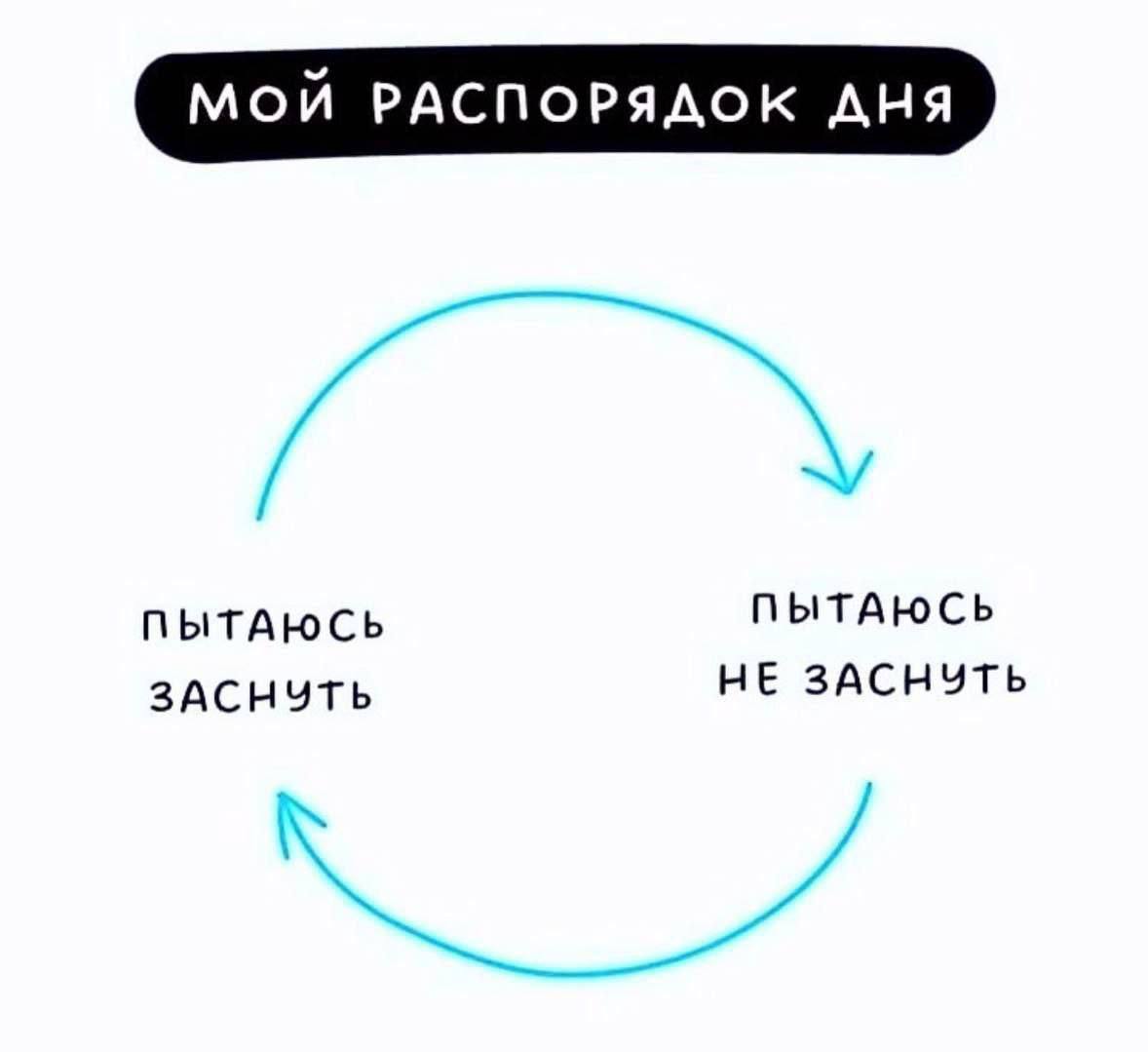 Мой распорядок дня Мем с фразой «Мой распорядок дня» и стрелками, указывающими на бесконечный цикл «пытаюсь заснуть» и «пытаюсь не заснуть».