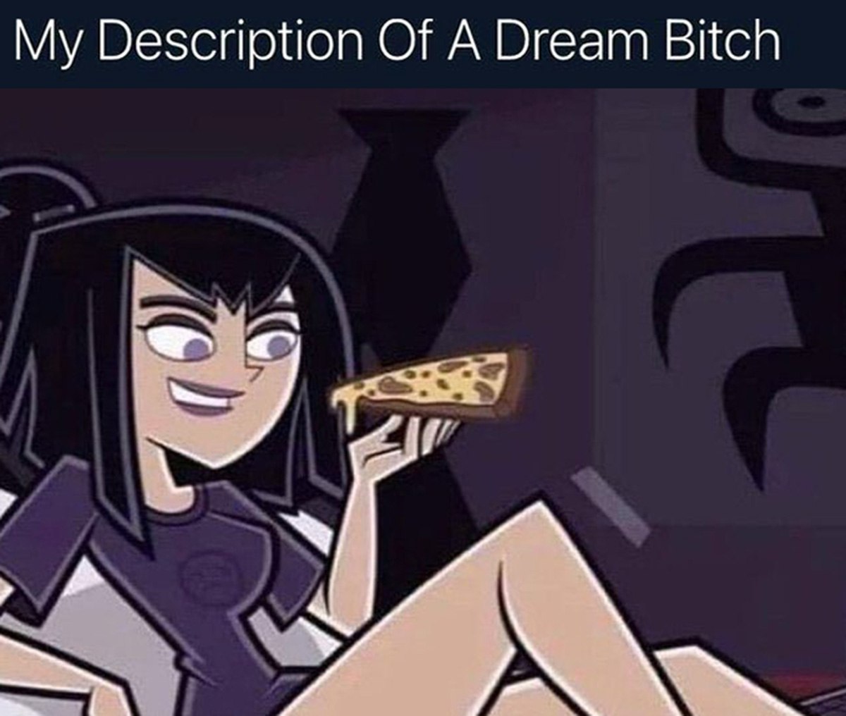 My description of a dream bitch Сэм Мэнсон с куском пиццы и надписью "My description of a dream bitch"