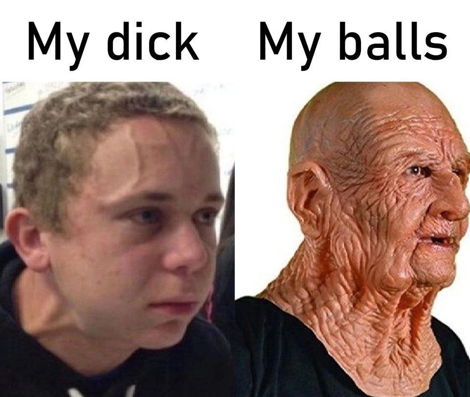 My dick My balls мем Мем про разницу между членом и яйцами с напряженным парнем и морщинистым стариком