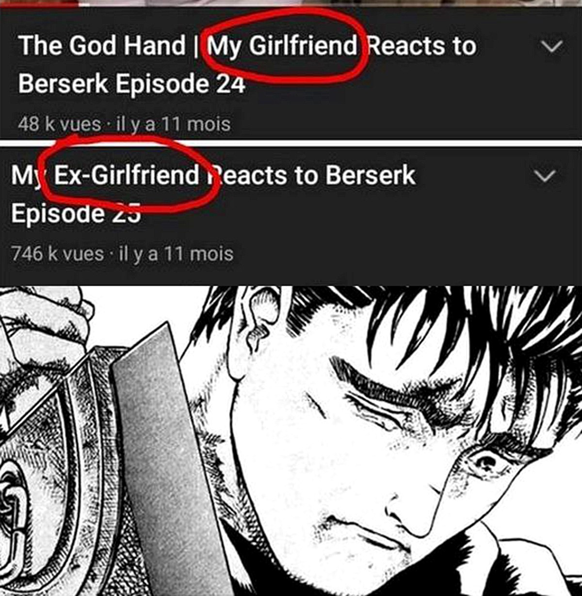 My Ex-Girlfriend Reacts to Berserk Мем про расставание после просмотра «Берсерка» и смену статуса «Моя девушка» на «Моя бывшая девушка»