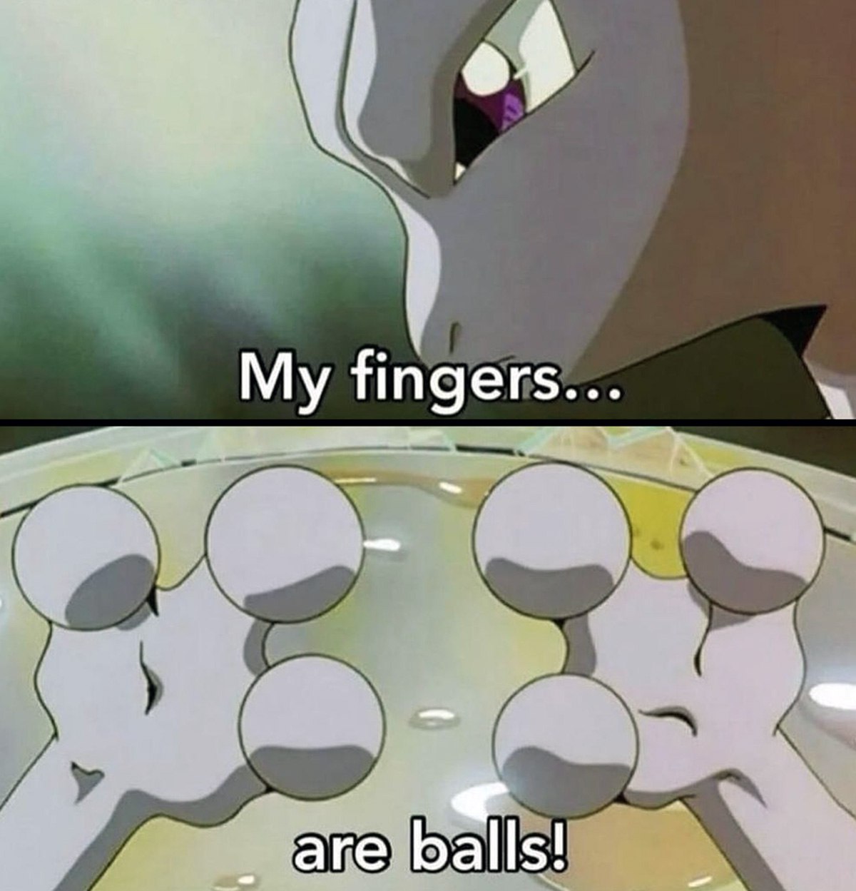 My fingers are balls! Мьюту смотрит на свои пальцы, которые выглядят как шары